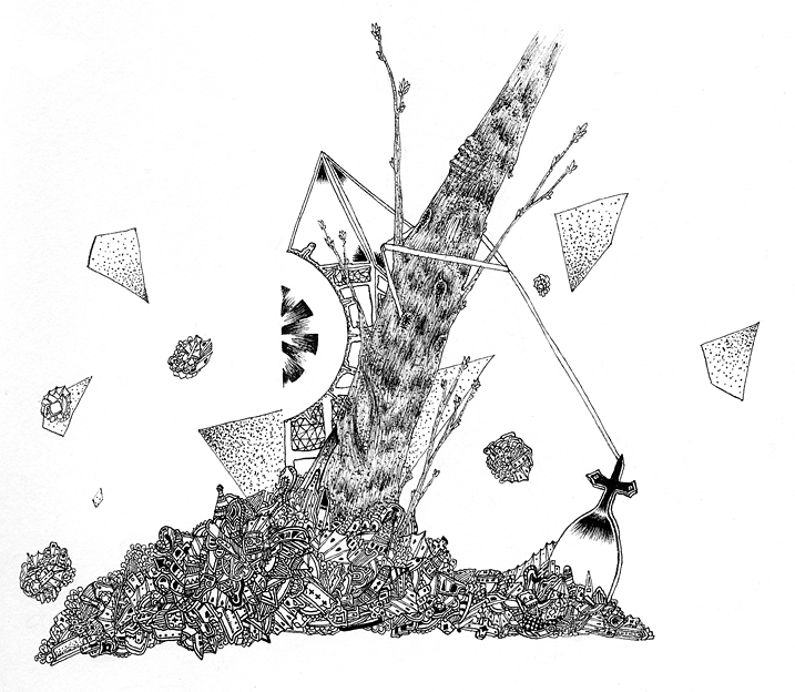 Black ink drawing of a tree in a pile of rubble next to a gravestone